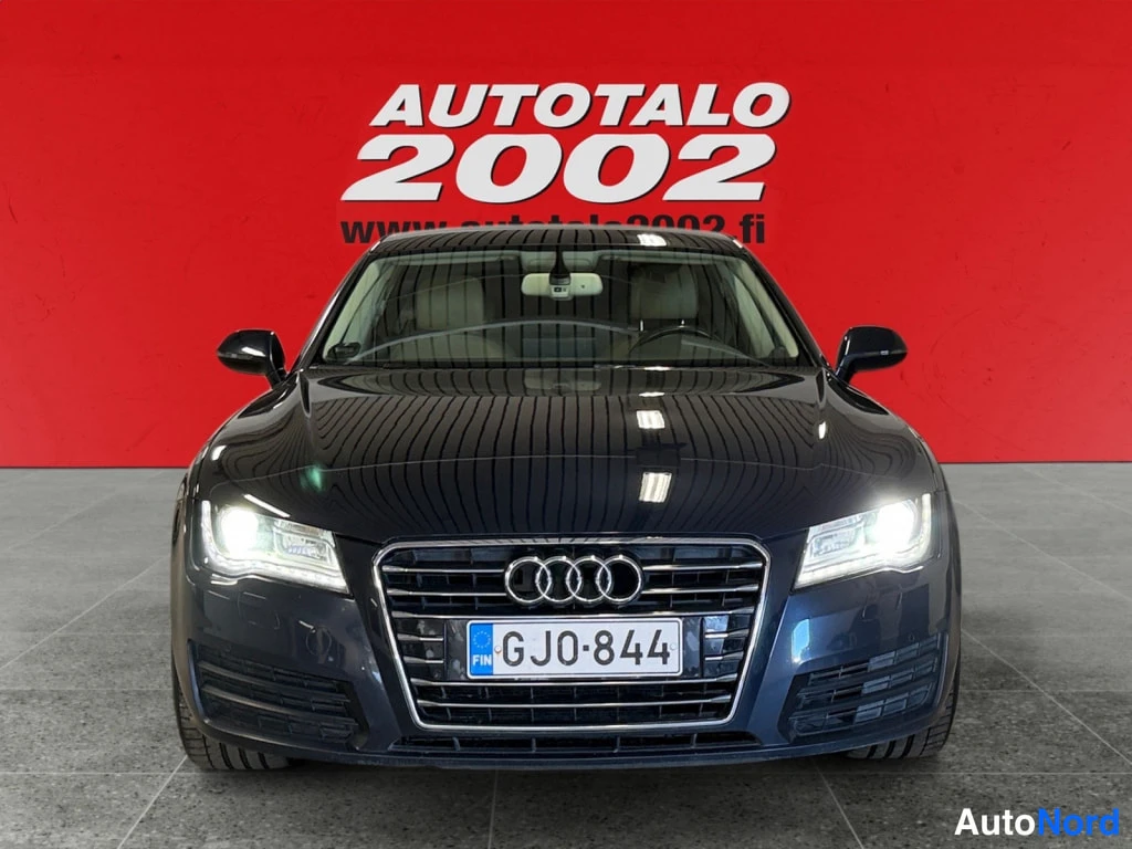 Edestä: Audi A7:n etupää suoraan edestä, loisteet etulyhdyt, rekisteri.