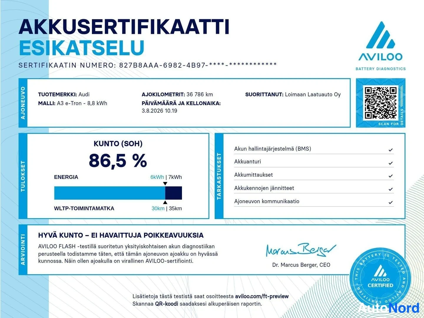 Asiakirja: AVILOO-akkusertifikaatin esikatselu, jossa akun kunto (SOH) 86,5 %, Audi A3 e-Tron 8,8 kWh, ajokilometrit 36 786 km.