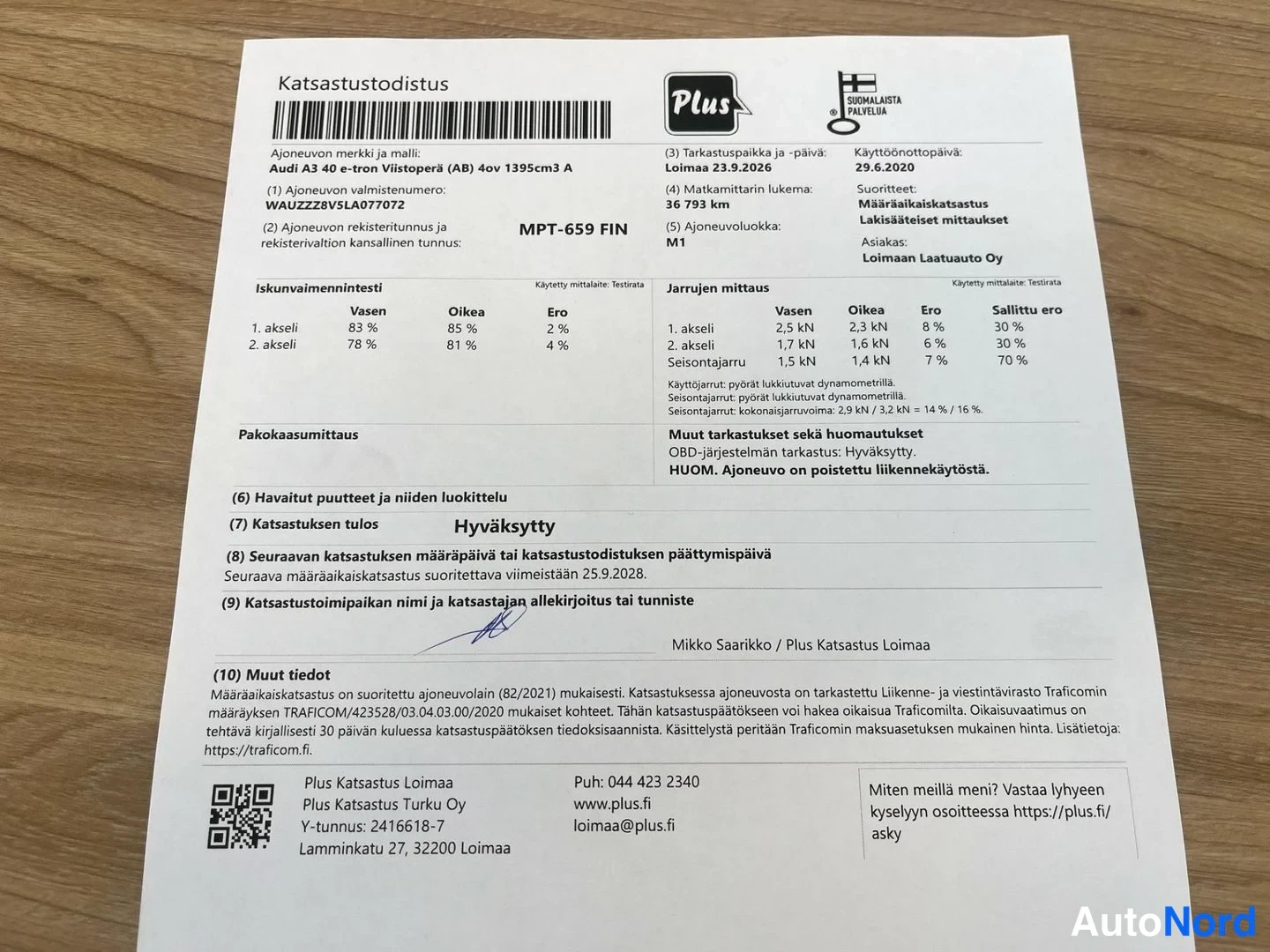 Asiakirja: Katsastustodistus Plus Katsastus Loimaa, Audi A3 40 e-tron Villastoperä (AB) 40v 1395cm3 A, rekisteritunnus FIN, määräaikaiskatsastus hyväksytty, seuraava katsa