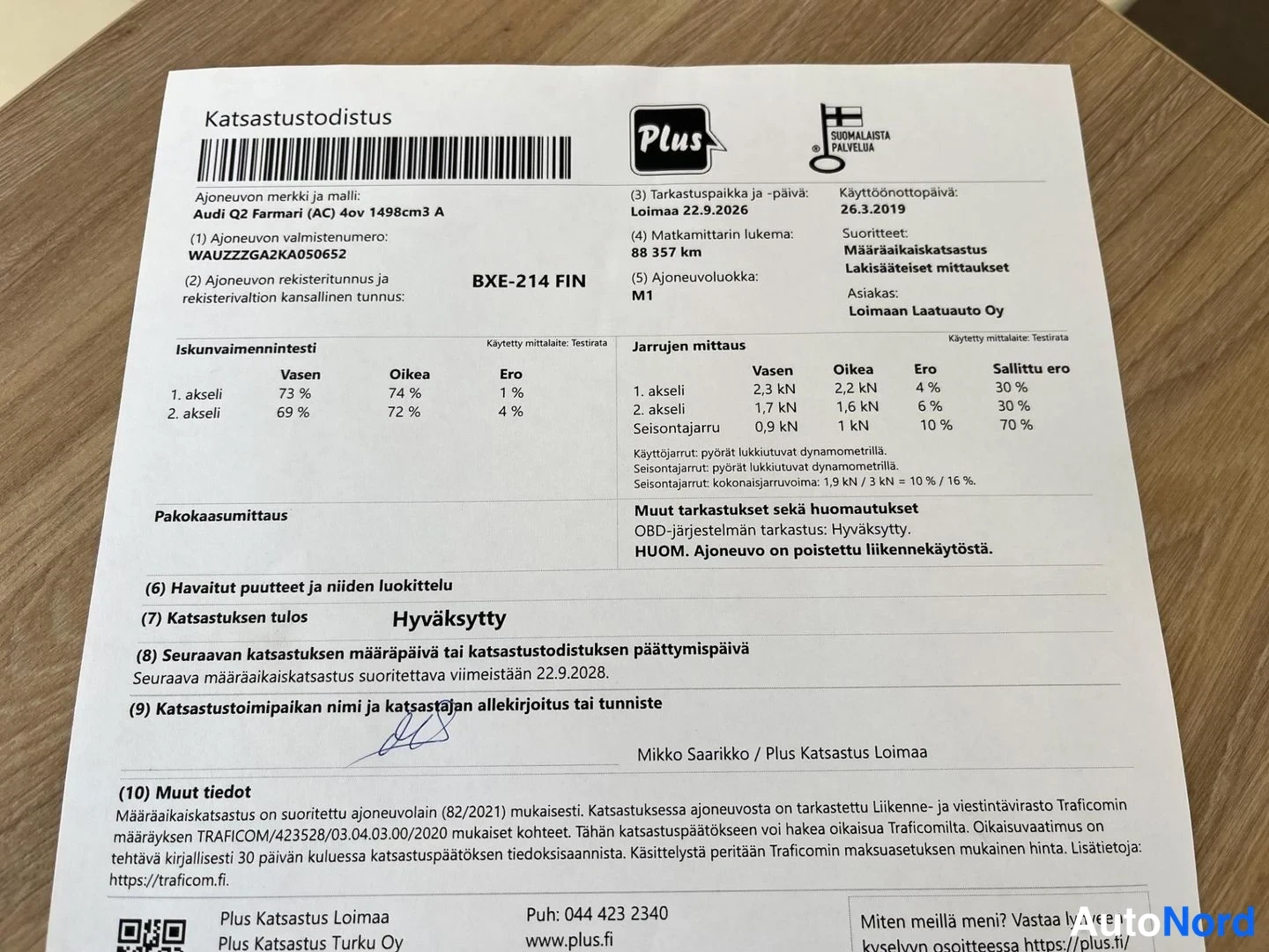Yksityiskohta: Katsastustodistus: Audi Q2 Farmari (AQ) 40v 1498cm3 A, FIN, hyväksytty, seuraava määräaikaiskatsastus viimeistään 22.9.2026.