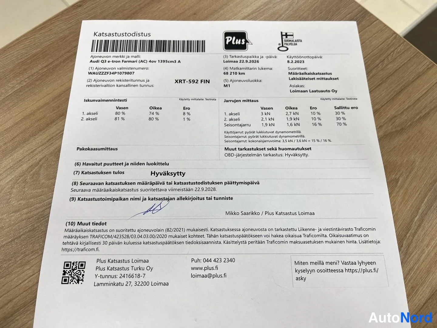 Asiakirja: Katsastustodistus, Audi Q3 e-tron Ferrari (AC 4ov 1395cm3 A), FIN, katsastuksen tulos hyväksytty 8.2.2023.