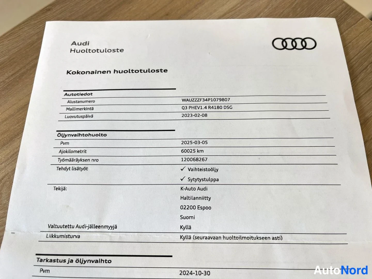 Asiakirja: Audin kokonainen huoltotuloste: Q3 PHEV1.4 R4180 DSG, ljinvaltihtohuolto 6.3.2025 60025 km, K-Auto Audi Haltialnniitty Espoo.