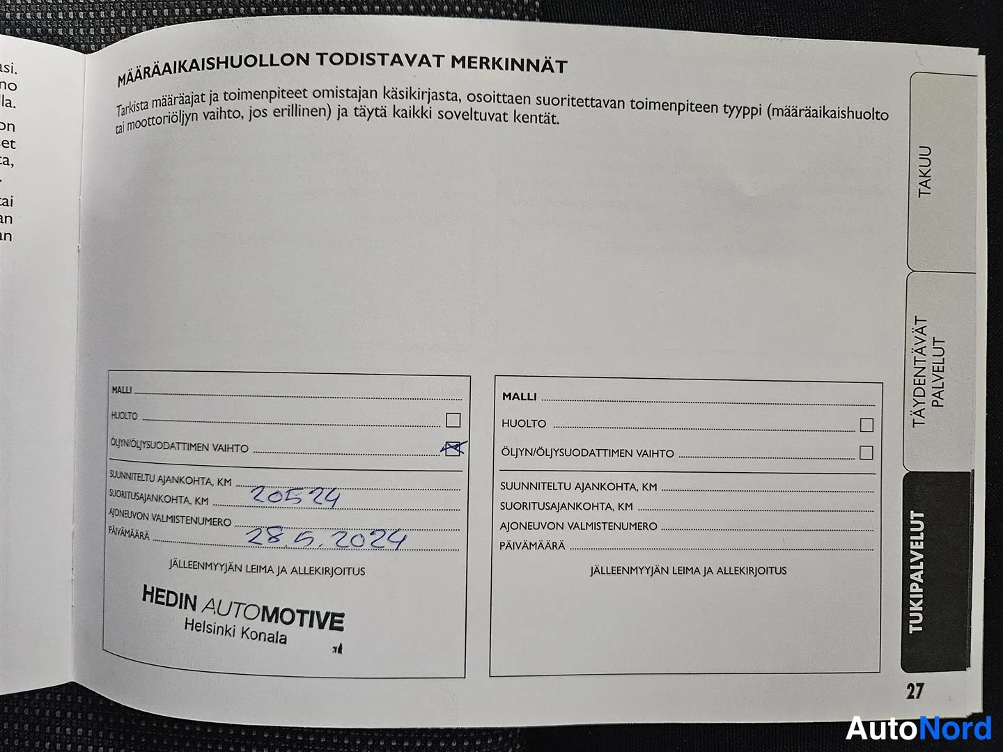 Muu: Huoltokirjan sivu otsikolla Määräaikaishuollon todistavat merkinnät; täytetty merkintä ajankohta 20524, päivämäärä 28.6.2024, öljynvoimansuodattimen vaihto, HED