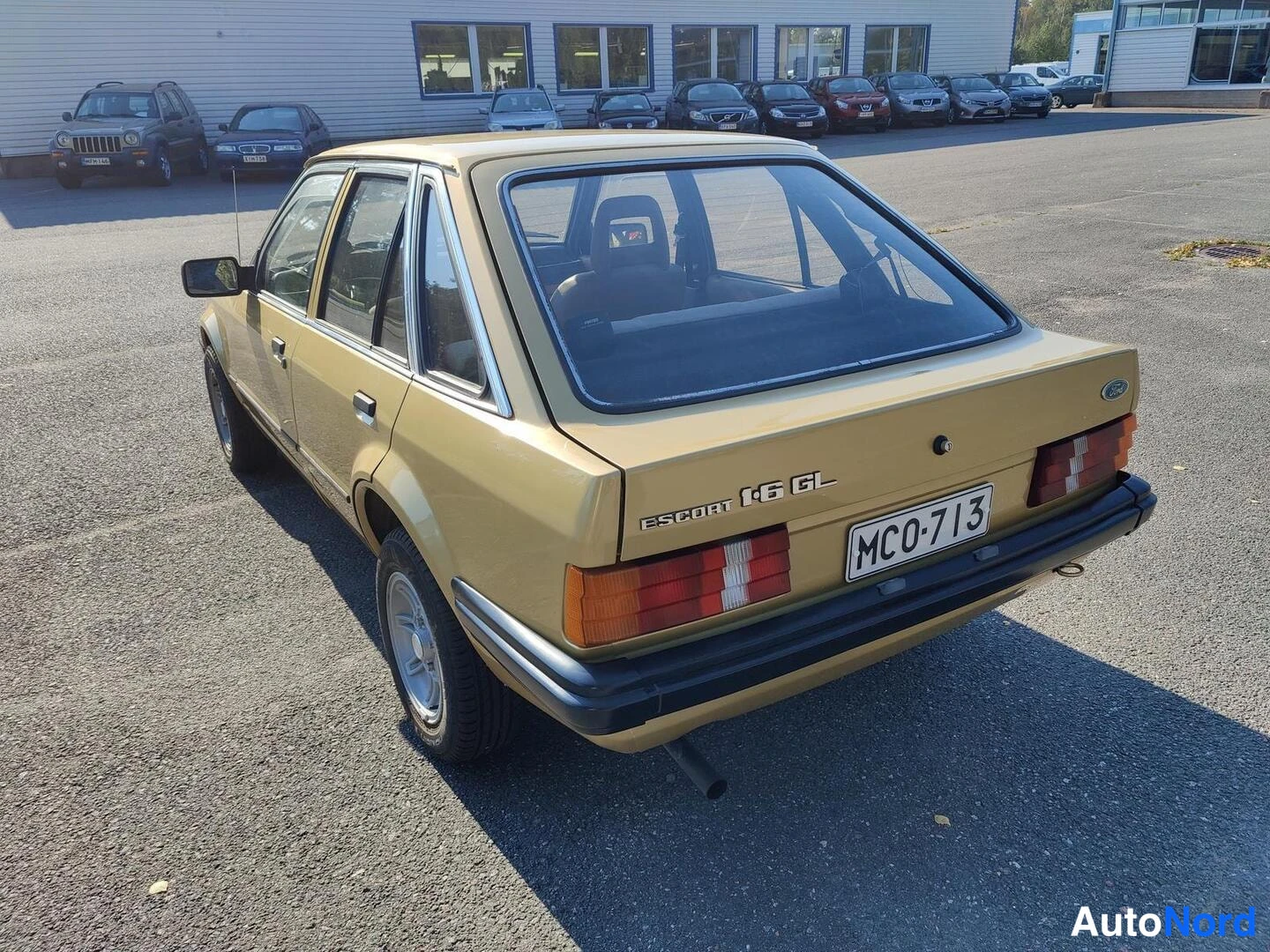 Takaviisto: Kultaisen Ford Escortin takakulma; takaluukissa teksti Escort 1,6 GL ja rekisterikilpi MC0-713.