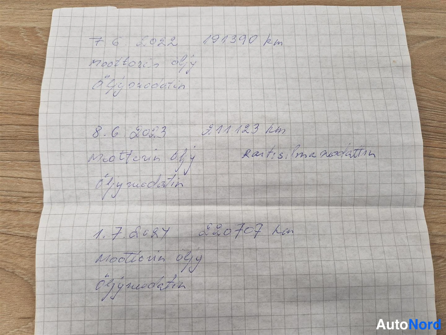 Yksityiskohta: Ruutupaperille käsin kirjoitettu lista huoltohavingsa: päivämäärät ja mittarilukemat sekä merkinnät öljynvaihdosta ja ratasilmaanvaihdosta.