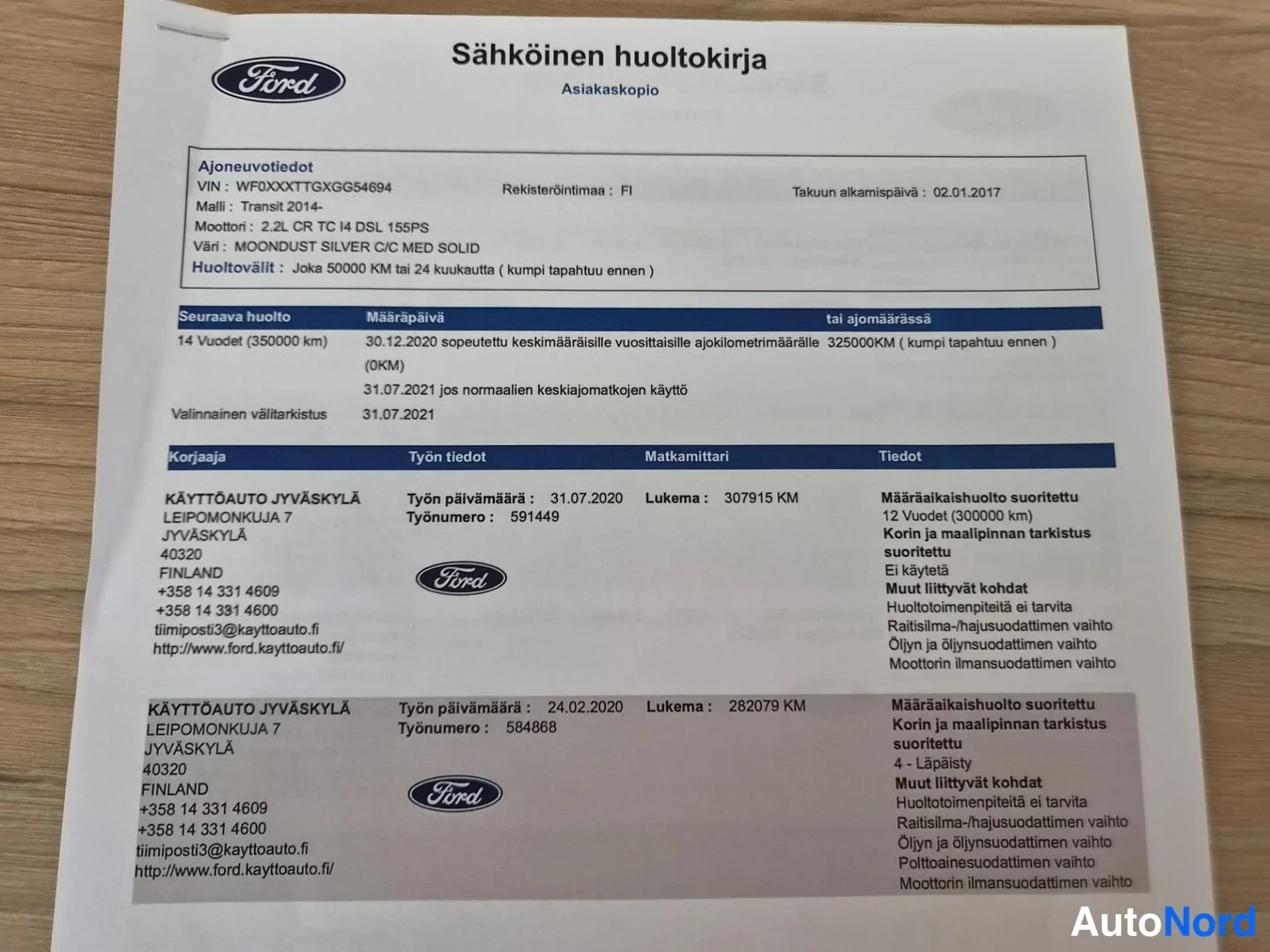 Muu: Sähköinen huoltokirja -asiakaskopio, jossa ajoneuvotiedot ja kaksi huoltotoita