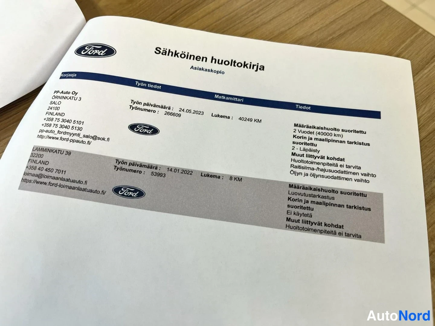 Yksityiskohta: Sähköinen huoltokirja -asiakaskopio auki, huoltotiedot 24.05.2023 ja 14.01.2022.