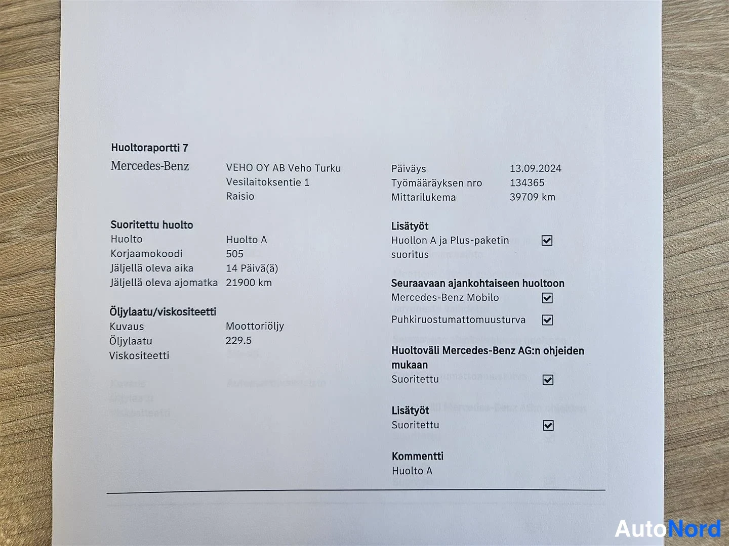 Asiakirja: Huoltoraportti 7 Mercedes-Benz -autolle, VEHO OY AB Veho Turku, päiväys 13.09.2024, mittarilukema 39709 km, suoritettu Huolto A.