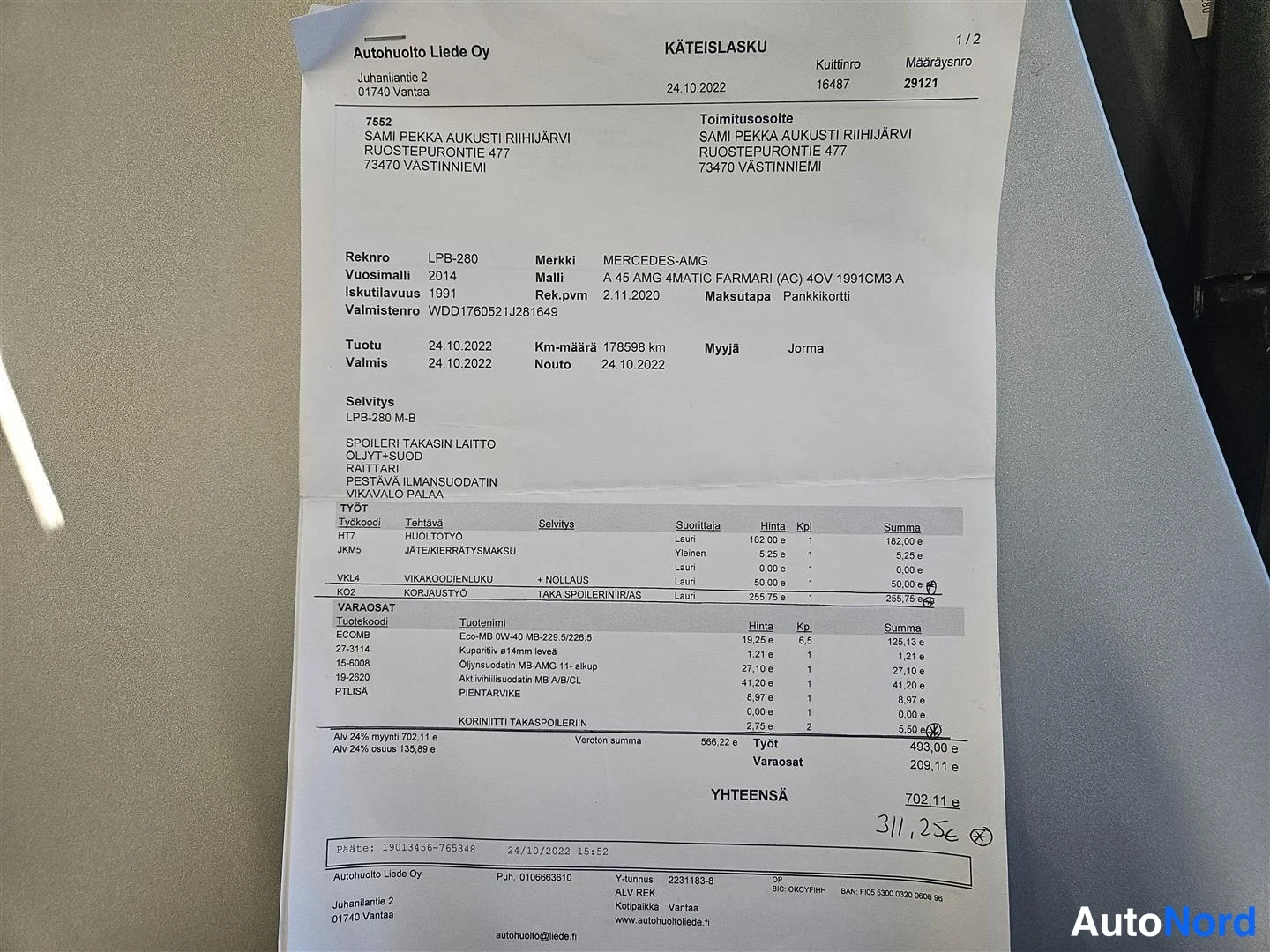 Asiakirja: Autohuolto Liede Oy:n käteislasku Mercedes-AMG A 45 AMG 4MATIC -auton töistä ja varaosista.
