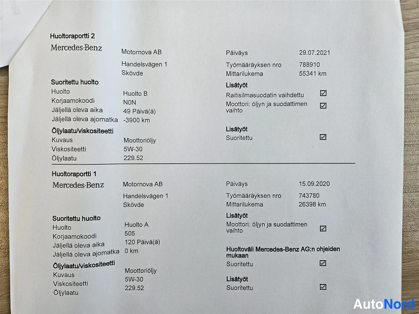 Muu: Huoltoraportti 2 ja Huoltoraportti 1 Mercedes-Benz, päiväykset 29.07.2021 (55341 km) ja 15.09.2020 (26398 km).