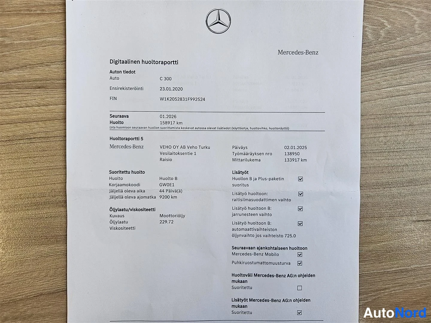 Muu: Mercedes-Benzin digitaalinen huoltoraportti: C 300, ensirekisteröinti 23.01.2020, VIN W1K2052831F992524, huolto tehty 02.01.2025 mittarilukemalla 139917 km, seu