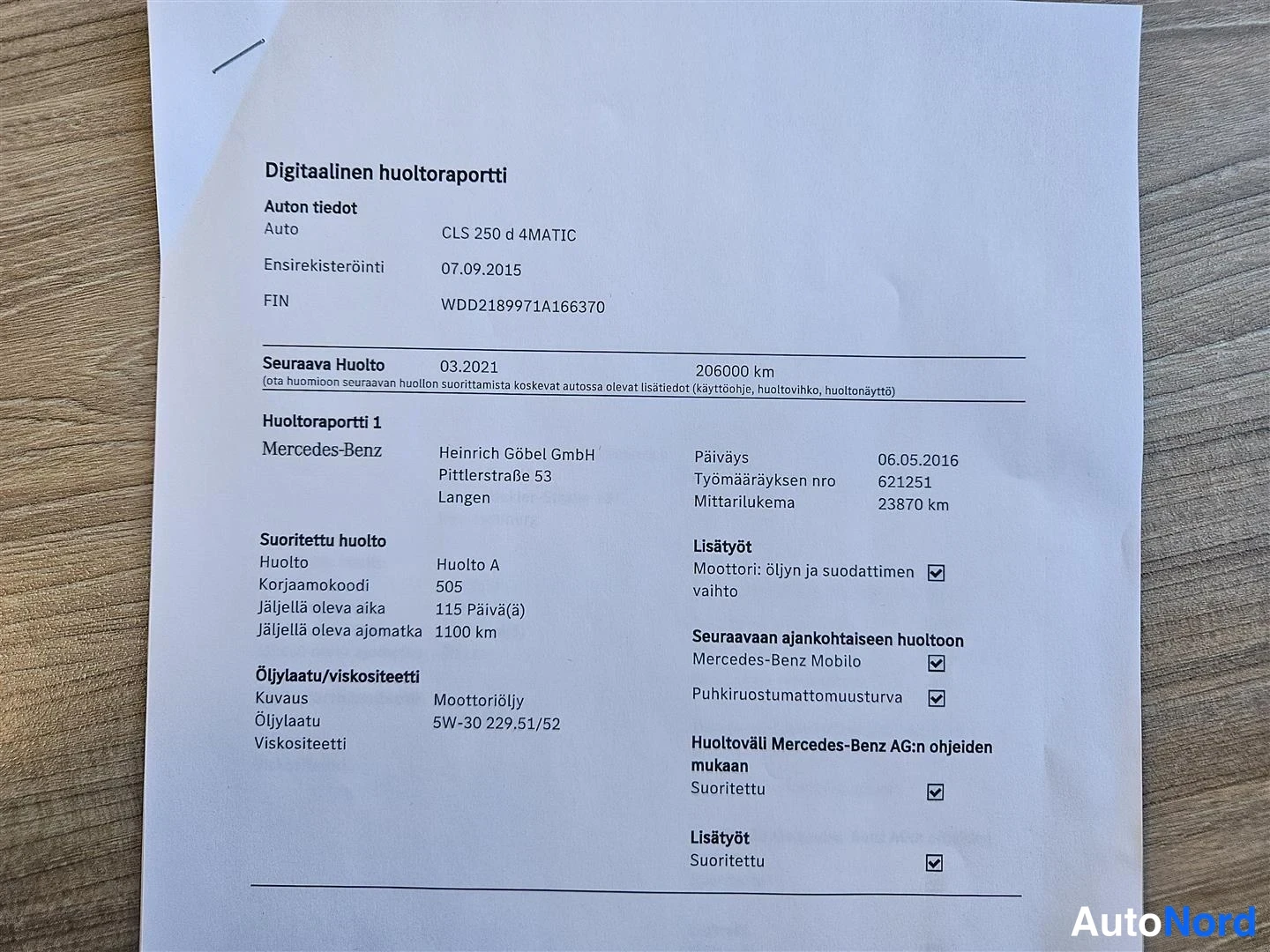 Yksityiskohta: Painettu digitaalinen huoltoraportti CLS 250 d 4MATIC -autolle, huoltoraportti 1.