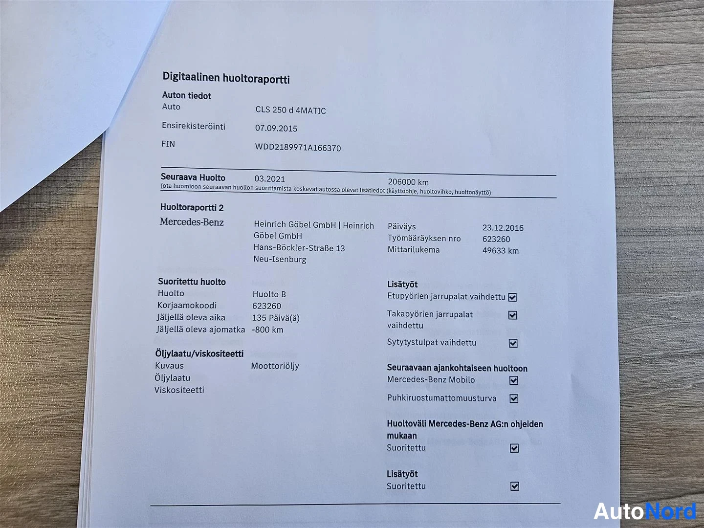 Yksityiskohta: Painettu digitaalinen huoltoraportti CLS 250 d 4MATIC -autolle, huoltoraportti 2.