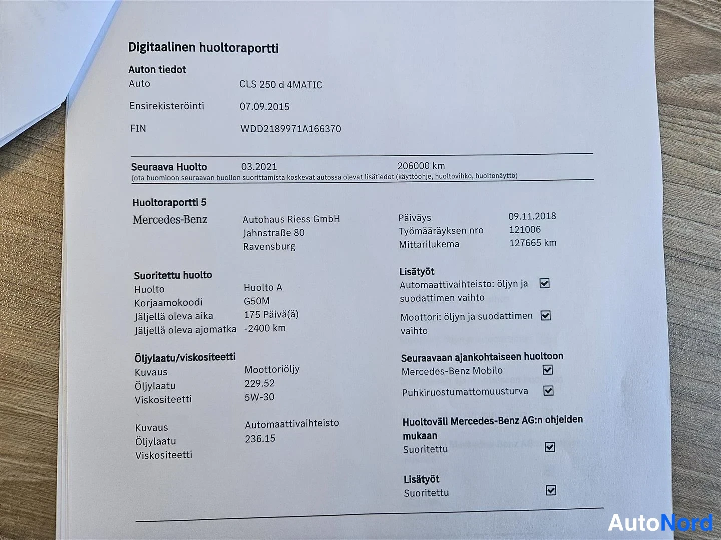 Muu: Kuva digitaalisesta huoltoraportista, jossa on CLS 250 d 4MATIC:n huoltoraportti 5 vuodelta 2018, mittarilukema 12765 km.