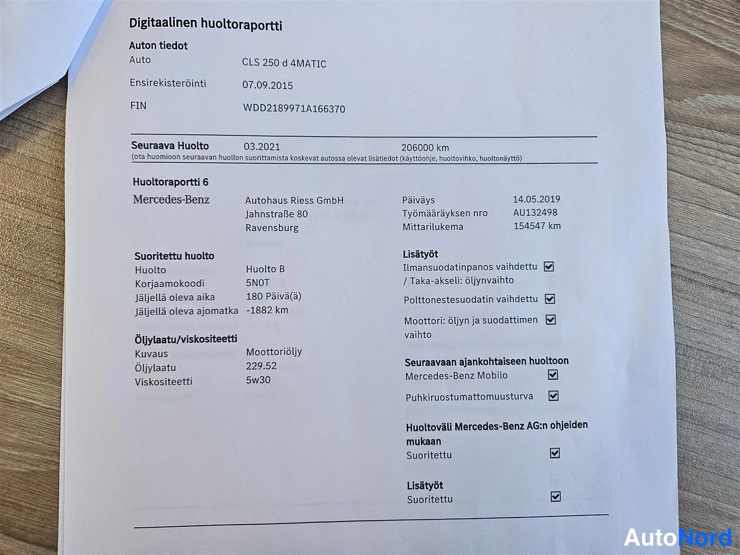 Muu: Kuva digitaalisesta huoltoraportista, jossa on CLS 250 d 4MATIC:n huoltoraportti 6 vuodelta 2019, mittarilukema 154547 km.