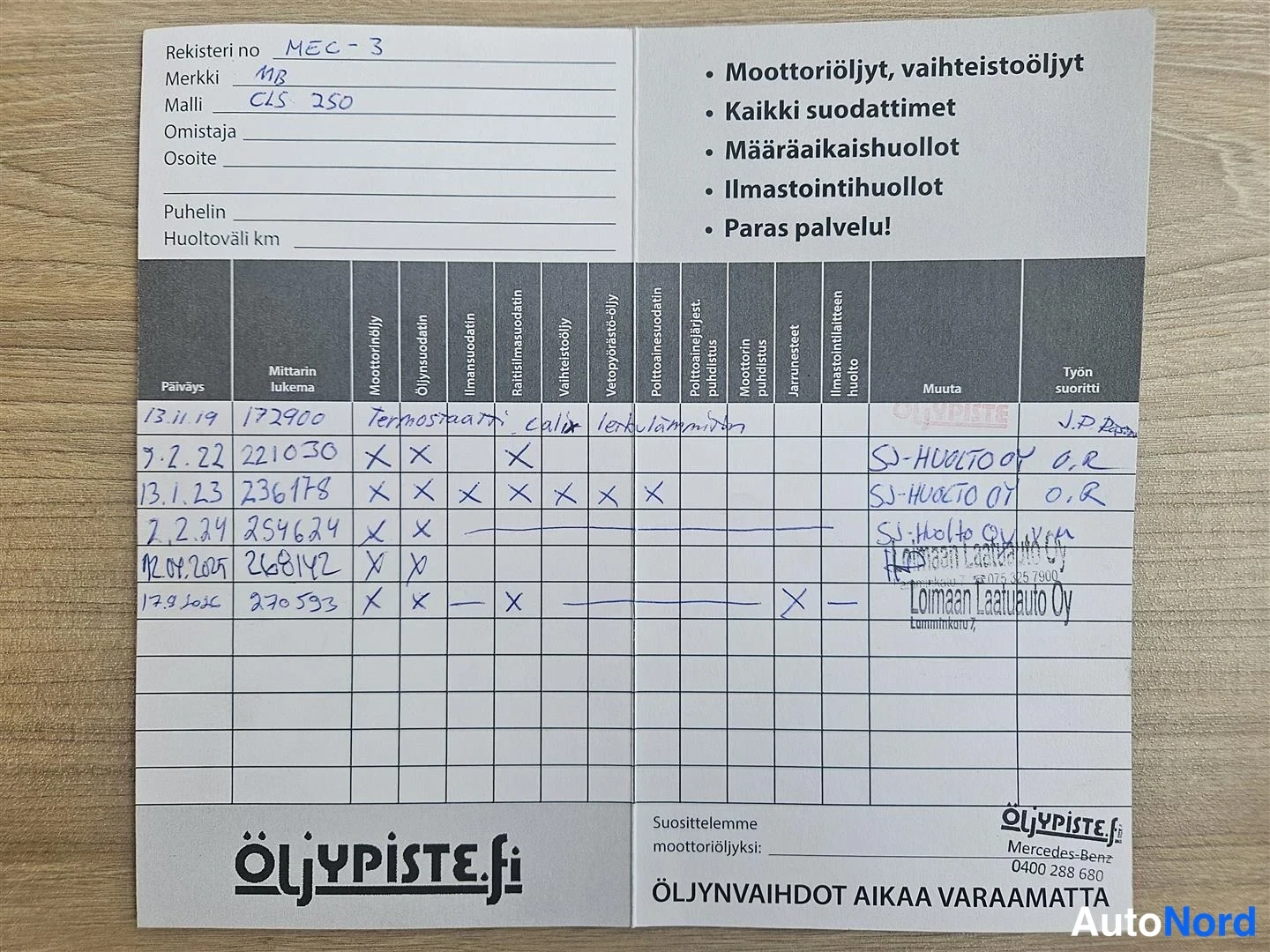Asiakirja: Ksinten tydennetty huoltokirjan sivu, jossa merkint merkist MB, mallista CLS 250 sek huoltomerkintj vuosilta 2019-2026.