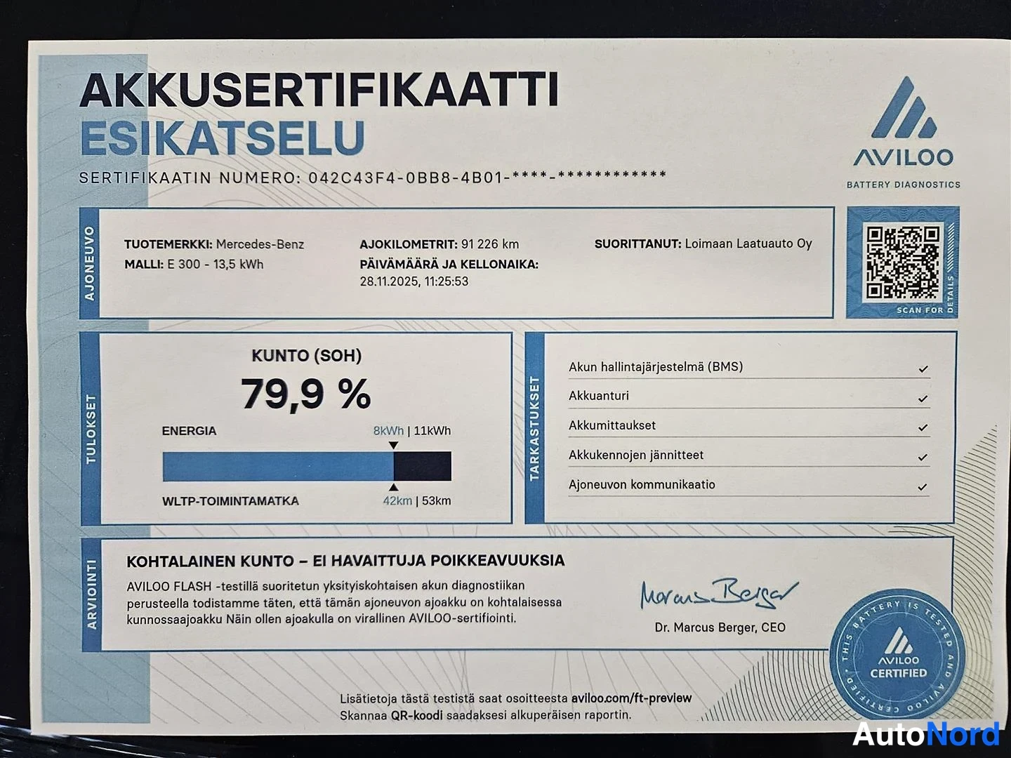 Muu: Aviloo Akkuserifikaatin esikatselu: Mercedes-Benz E 300 - 13,5 kWh, ajokilometrit 91 226 km, kunto (SOH) 79,9 %, energia 8 kWh / 11 kWh, WLTP-toimintamatka 42 k