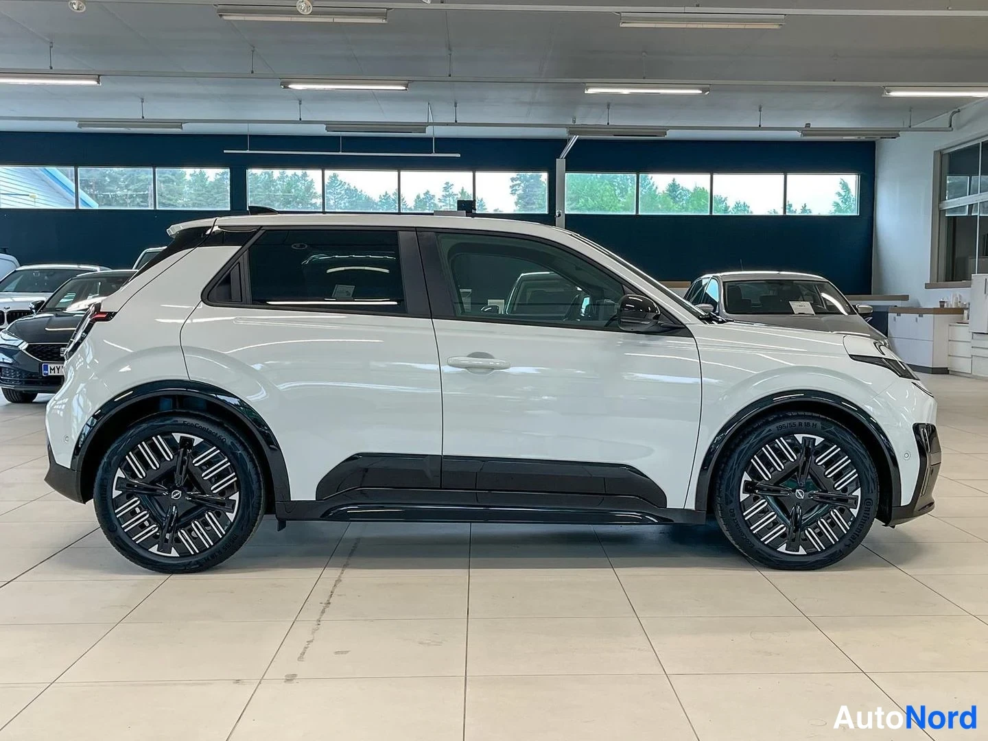 Takaviisto: Valkoinen Nissan Micra takaviistosta showroomissa.
