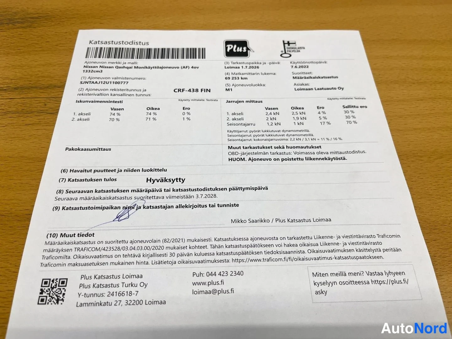 Yksityiskohta: Katsastustodistus Plus Katsastus Loimaalta, ajoneuvo Nissan Qashqai Monikäyttöajoneuvo (AF), hyväksytty katsastuksessa 1.7.2026.