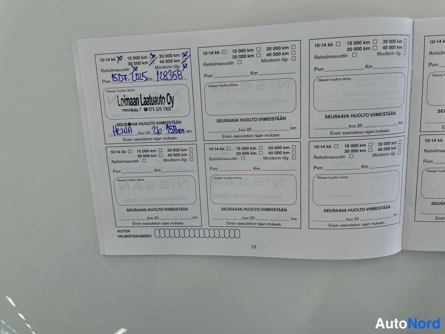 Muu: Huoltokirjan sivu 12: uusi huoltoleima 'Leimaa Laatuauto Oy' pvm 15.07.2025 km 128368, seuraava huolto keväällä 2026 138000 km.