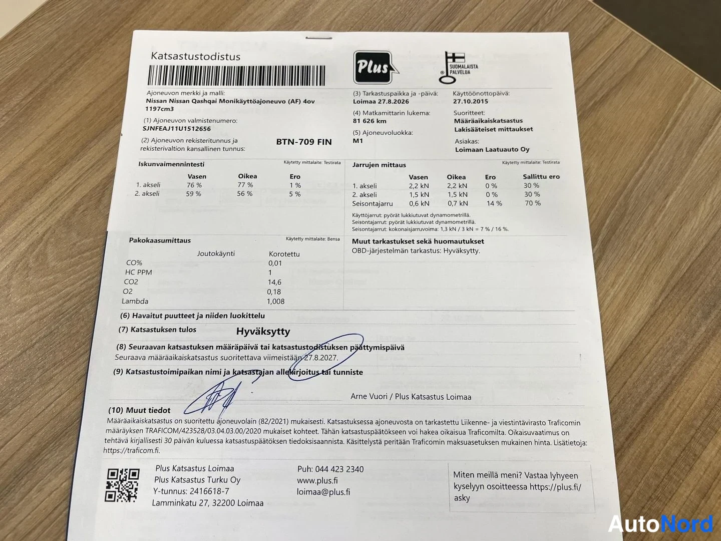 Muu: Katsastustodistus Nissan Qashqai Monikäyttöajoneuvo (AF) 40v, hyväksytty katsastus, Plus Katsastus Loimaa.