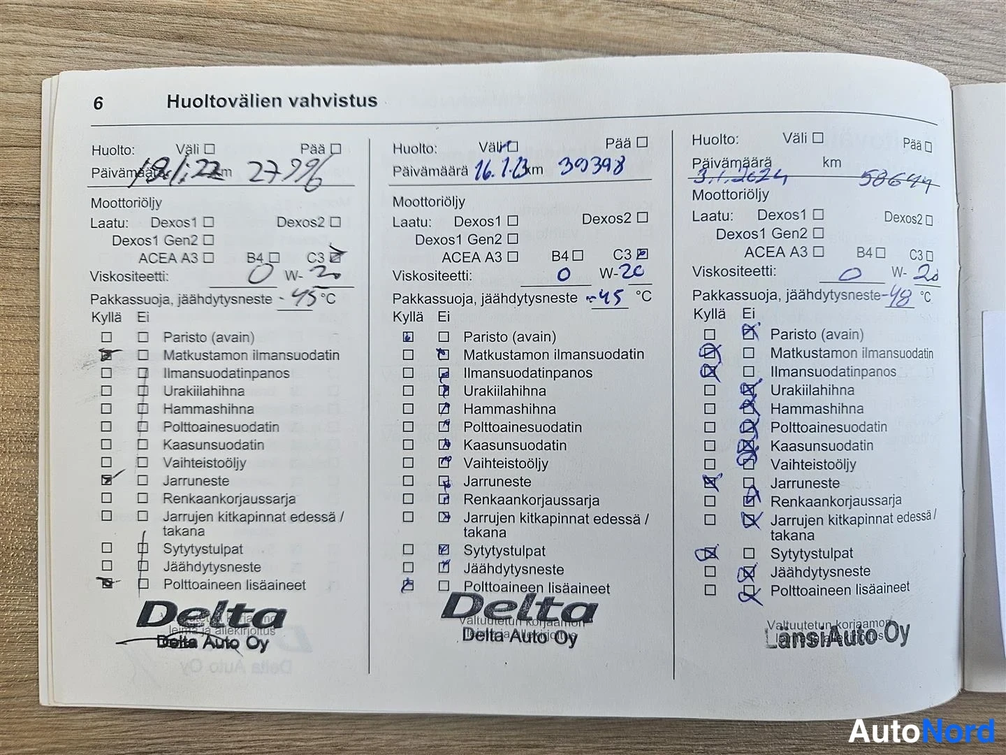 Yksityiskohta: Huoltokirjan sivu 6 kolmella huoltomerkillä: huollot 27.2.22 (27726 km), 16.1.23 (30398 km) ja 5.7.24 (58644 km), Delta Auto Oy:n ja LänsiAuto Oy:n leimat.
