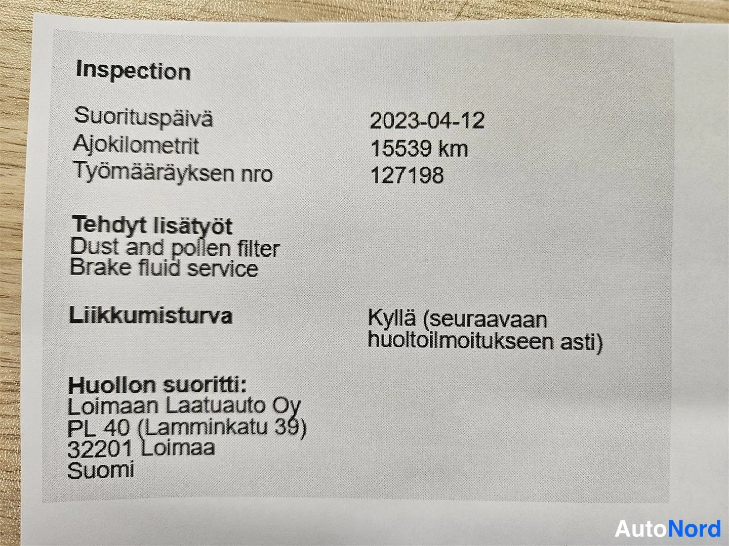 Muu: Tarkastusdokumentti, jossa on suorituspaivamaara, ajokilometrit, tyomaaraysnumero, tehdyt lisatyot ja liikunturvatiedot.