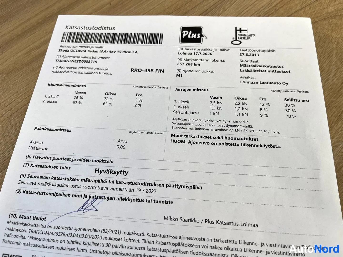 Muu: Suomalainen katsastustodistus Plus Katsastus Loimaa 17.7.2026, kohde Skoda Octavia Sedan (AA) 4ov 1598cm3 A, rekisteritunnus FIN, matkamittari 257 268 km, katsa