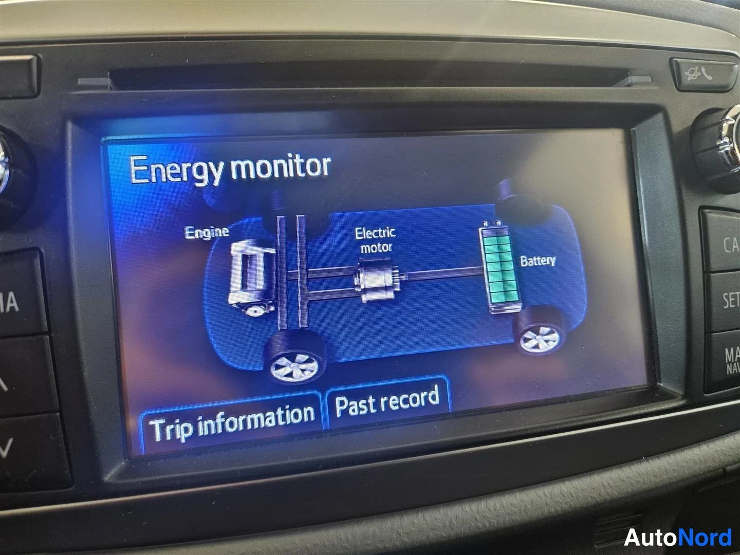 Muu: Auton infotainment-näytöllä Energy monitor -näkymä, jossa näkyvät moottori, sähkömoottori ja akku sekä Trip information- ja Past record -painikkeet.
