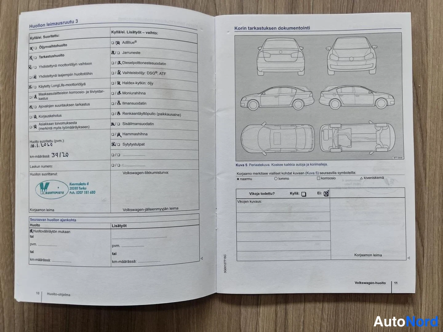 Muu: Avattu Volkswagenin huolto-ohjelman huollon leimausruutu 3, jossa leimatut kohdat, käsinkirjoitettu huoltopäivä 16.1.2020, km-määrä 39120 ja Autohuoltopiste Kup