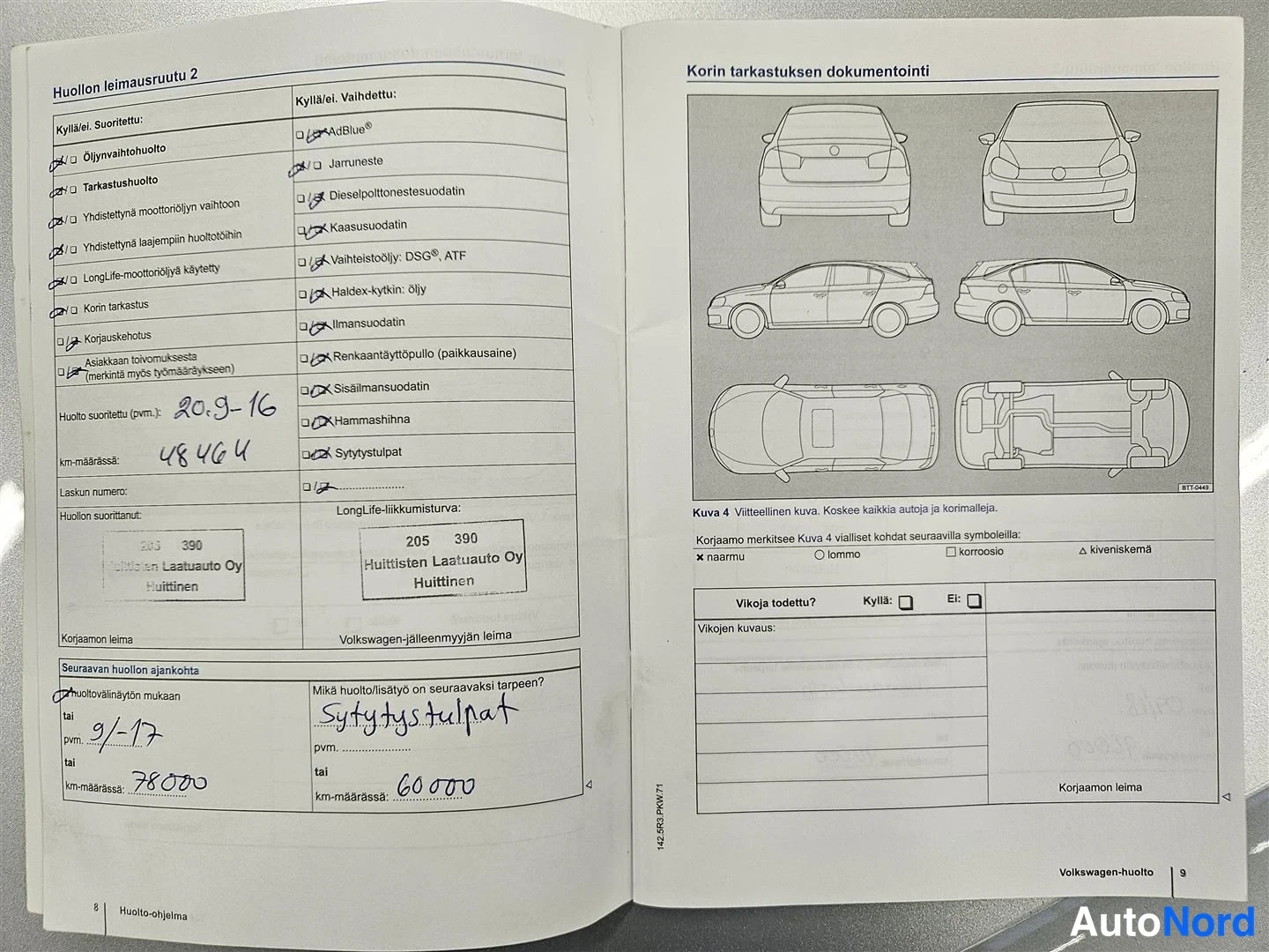 Muu: Volkswagenin huolto-ohjelman huollon leimausruutu 2 ja korin tarkastuksen dokumentointi -sivu; käsinkirjoitut merkinnät huollosta 20.9.–16, 48464 km, sekä seura