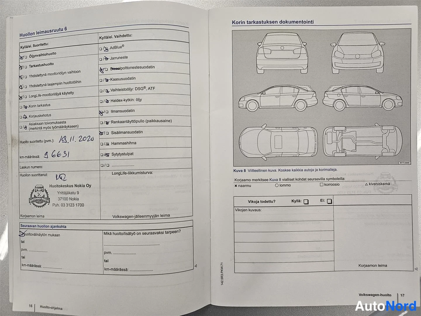 Muu: Auki avattu Volkswagenin huolto-ohjelman sivu: huollon leimasuruutu 6 leimattu 18.11.2020, km-määrä 96631, huoltokeskus Nokia Oy.