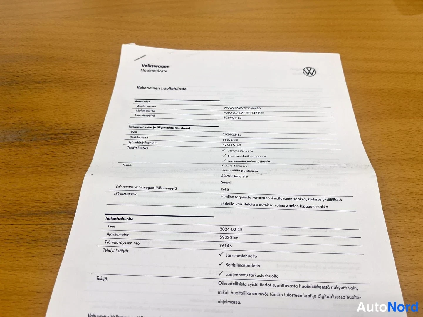 Muu: Volkswagenin huoltotuloste paperilla: viimeisin huolto 2024-12-12 (66 571 km), katsastushuolto 2024-02-15 (59 320 km), mallimerkintä POLO 2.0 BMW GTI 147 DSG.