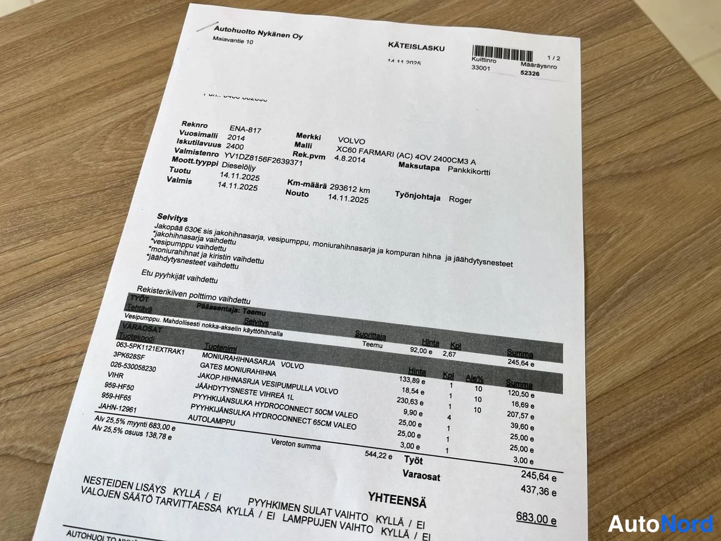 Asiakirja: A close-up photo of another receipt for a Volvo XC60 from the same garage, dated 14.11.2025.