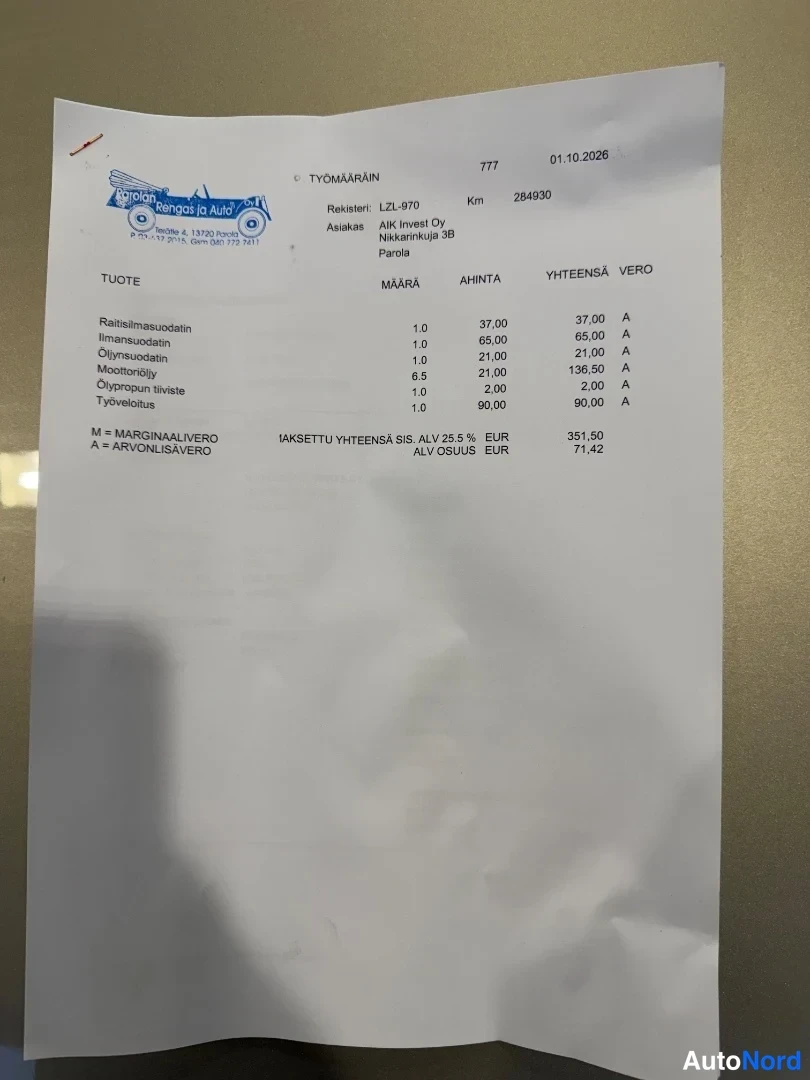 Muu: Huolto- ja korjauslasku työmääräintä, rekisteri, kokonaissumma sis. ALV 351.50 EUR.