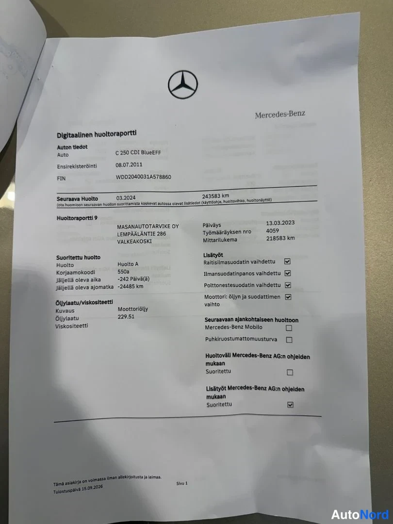 Asiakirja: Mercedes-Benzin digitaalinen huoltoraportti, huoltoraportti 9, ajoneuvo C 250 CDI BlueEFF.