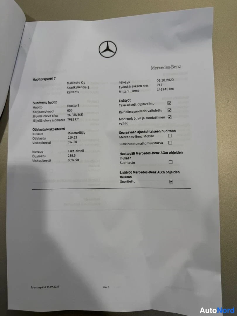 Asiakirja: Mercedes-Benzin huoltoraportti, huoltoraportti 7, päiväys 06.10.2020, mittarilukema 141945 km.