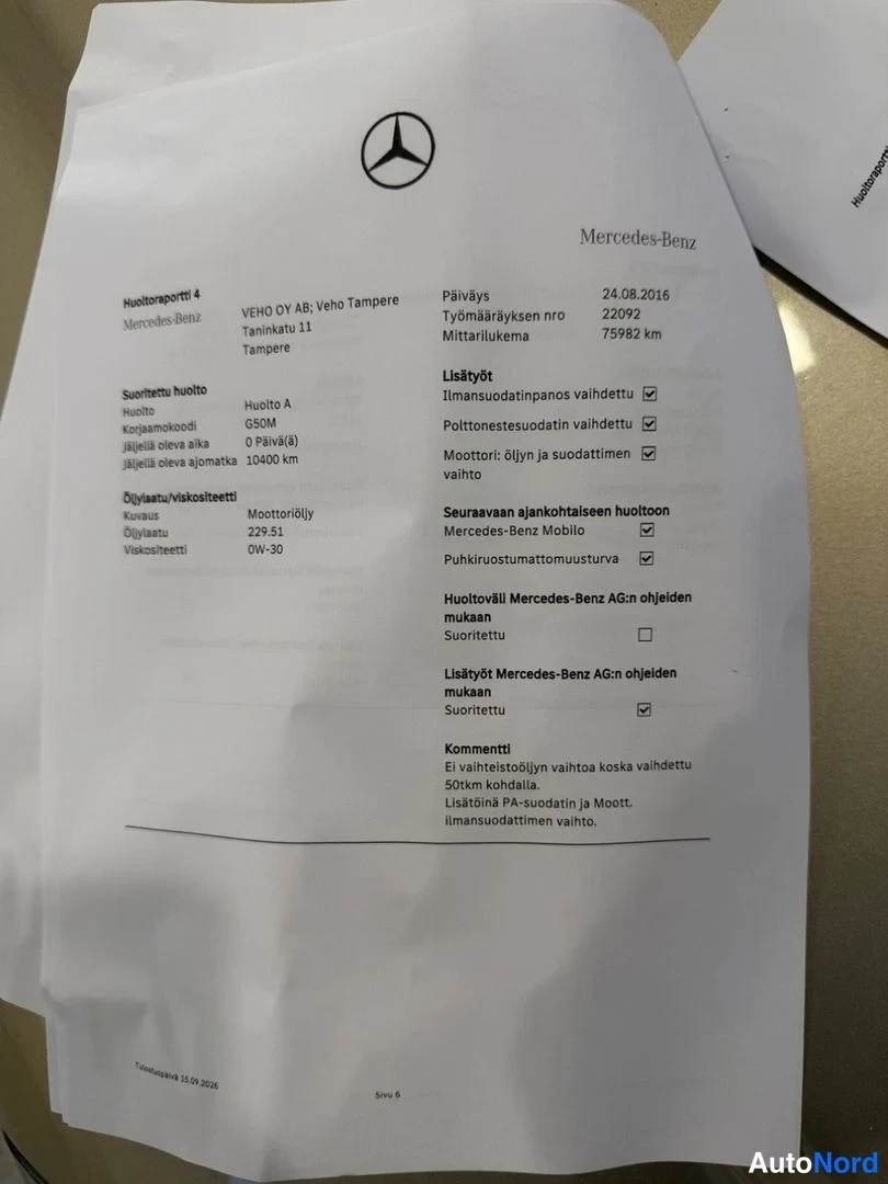 Muu: Mercedes-Benzin huoltoportti 4 -asiakirja, huolto 24.8.2016 mittarilukemalla 75982 km.