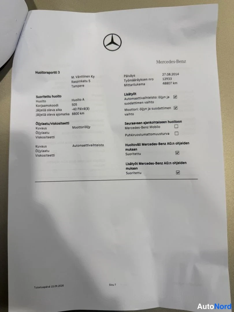 Muu: Mercedes-Benzin huoltoportti 3 -asiakirja, huolto 27.08.2014 mittarilukemalla 48607 km.