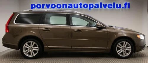 Sivulta: Ruskean farmariauton sivuprofiili vasemmalta katsottuna hallissa.
