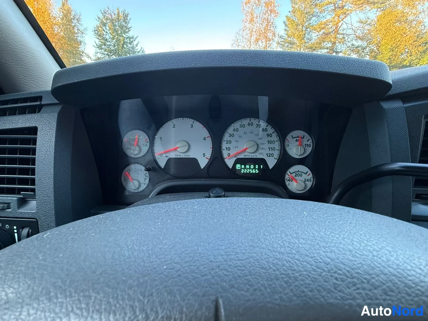 Yksityiskohta: Mittaristo lähikuvassa: nopeusmittari km/h, vaihdeindikaattori P R N D 2 1 ja laskuri 222565.