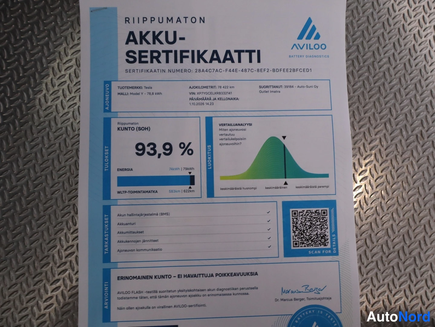 Asiakirja: Aviloo-akkusertifiikkaatti Tesla Model Y -autolle: kunto 93,9 %, ajokilometrit 78 422 km.