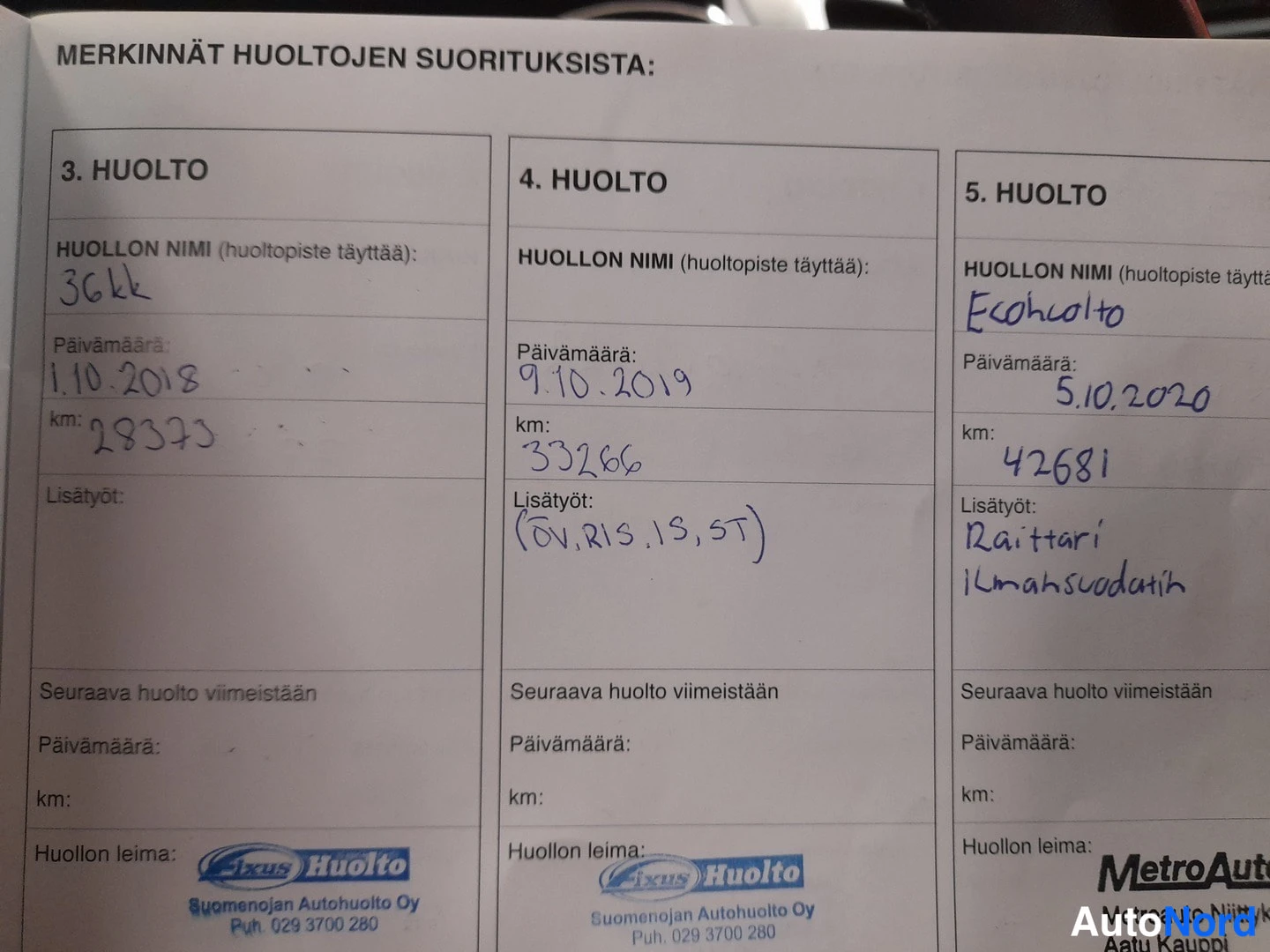 Yksityiskohta: Huoltokirjan sivu, jossa käsin täytetyt 3., 4. ja 5. huoltoa koskevat merkinnät päivämäärineen, kilometreineen ja lisätöineen; leimoina Ixus Huolto ja MetroAuto