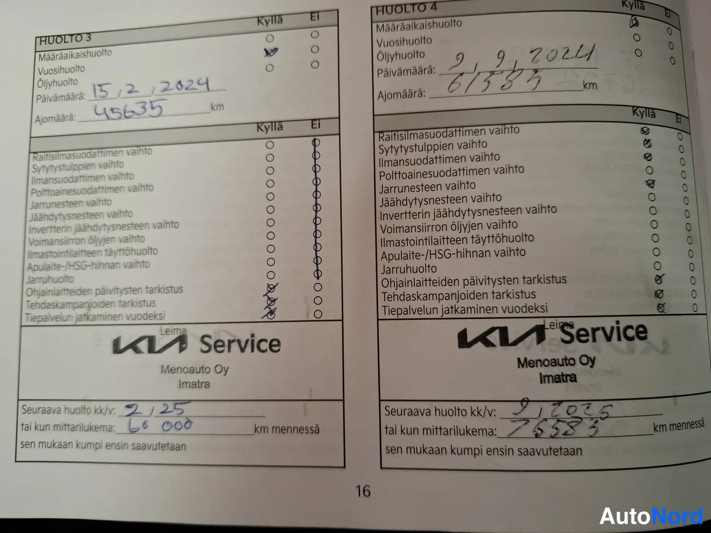Yksityiskohta: Huoltokirjan sivu 16: huolto 3 (15.2.2024, 45635 km) ja huolto 4 (9.9.2024, 61383 km), Kia Service Menoauto Oy Imatra.