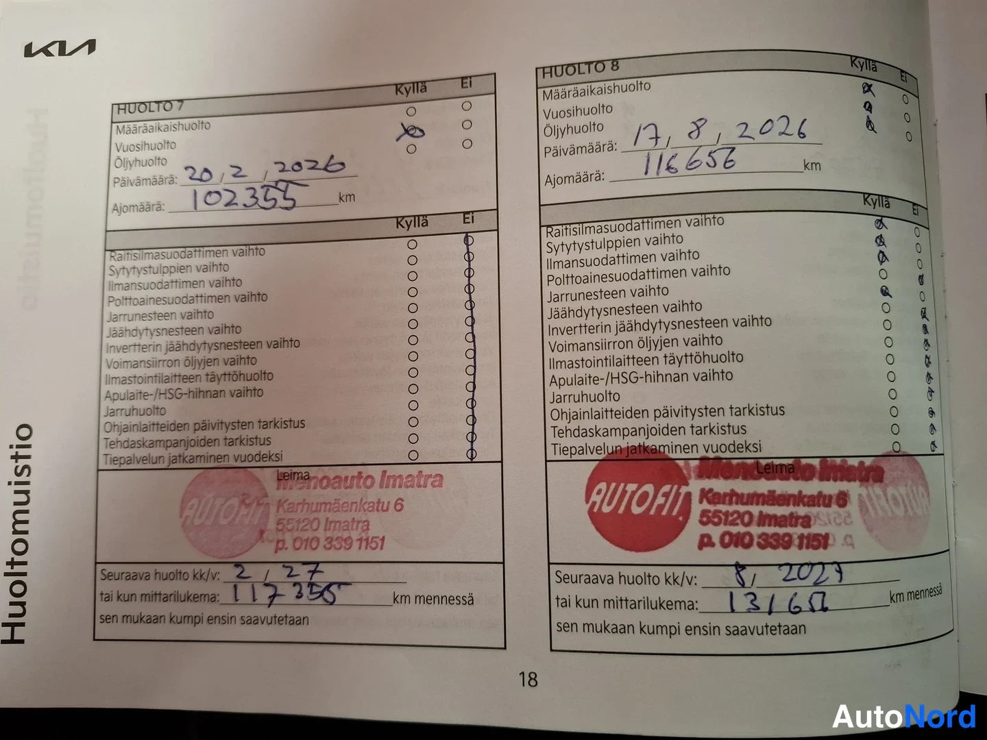 Muu: Auki levitetty huoltokirja: huolto 7 (ajomäärä 102335 km, päivämäärä 20.2.2026) ja huolto 8 (ajomäärä 116658 km, päivämäärä 17.8.2026) Leimo Auto Imatra -leimoi
