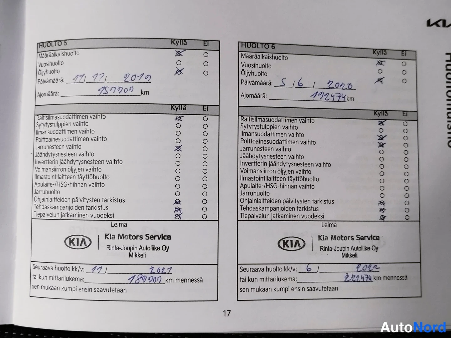 Yksityiskohta: Kia-huoltokirjan sivu 17: Huolto 5 (1.11.2019, 172772 km) ja Huolto 6 (5.6.2020, 192474 km) -merkinnät, Kia Motors Service Rinta-Joupin Autoliike Oy Mikkeli.