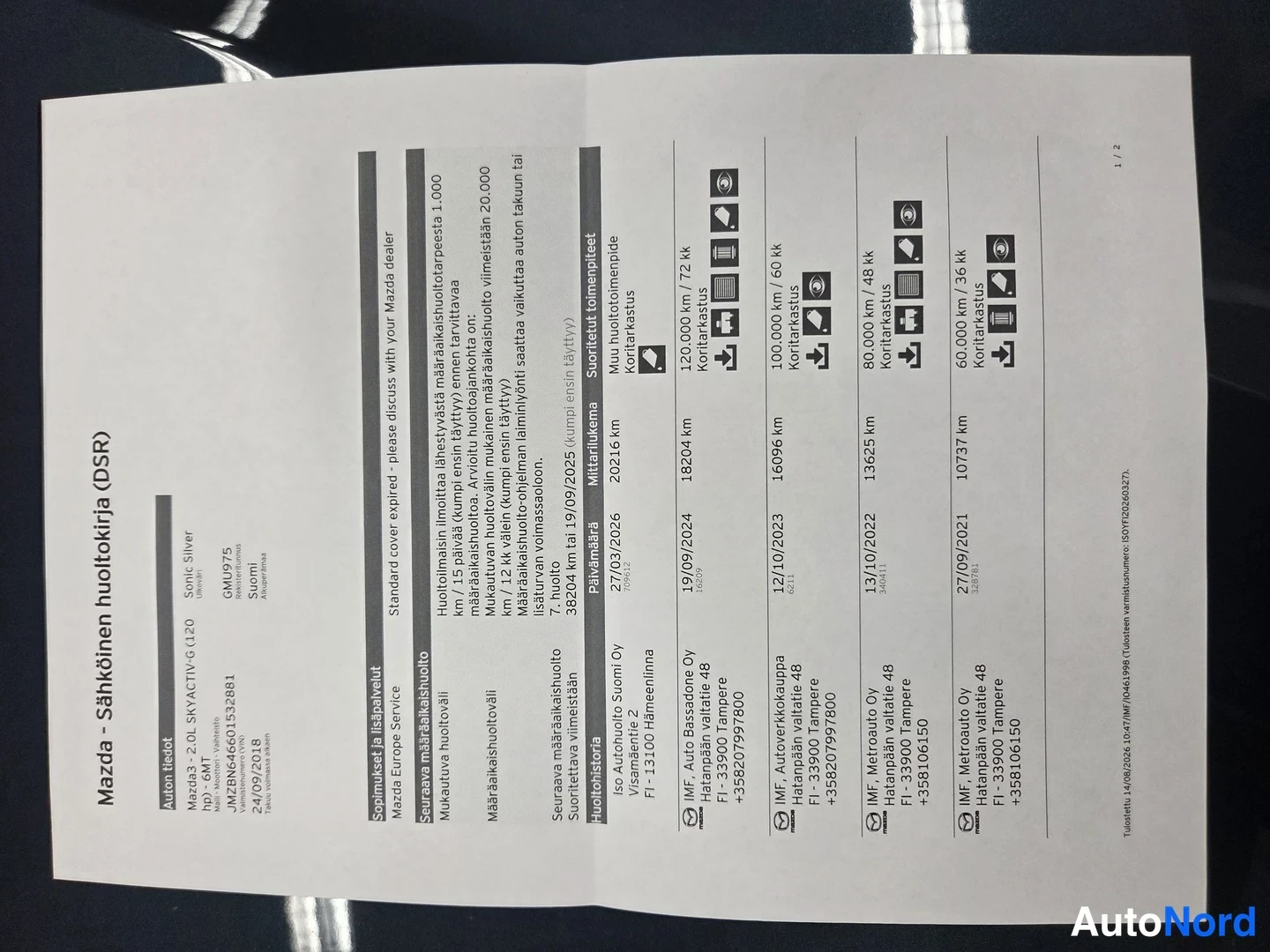 Asiakirja: Mazda 2.0 SKYACTIV-G 120 auton sähköinen huoltokirja (DSR), sivu 1/2, huoltohistoria 26/09/2018–19/09/2025, kokonaismäärä 326210 km.