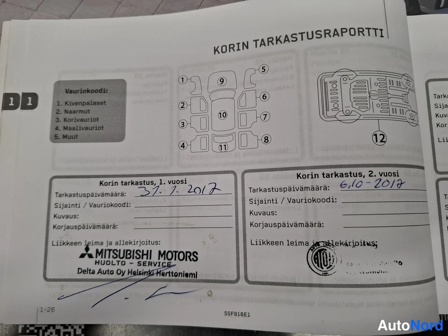 Asiakirja: Huoltokirjan korin tarkastusraporttisivu, vauriokoodilista ja täytetyt kentät vuosille 2017 ja 2018, Delta Auto Oy:n ja Atoy Autohuolton leimat.