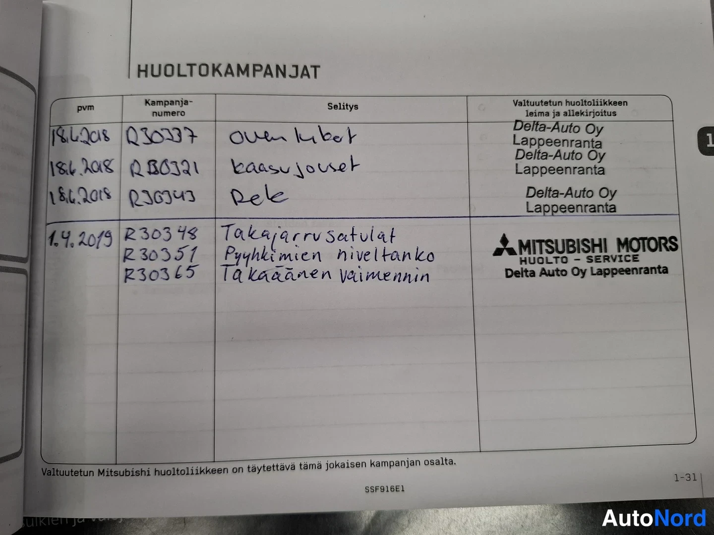 Asiakirja: Huoltokirjan huoltokampanjat -sivu, käsin kirjoitettuja kampanjanumeroita ja selityksiä 2018–2019, Mitsubishi Motors Huolto-Service -leima Delta Auto Oy Lappeen