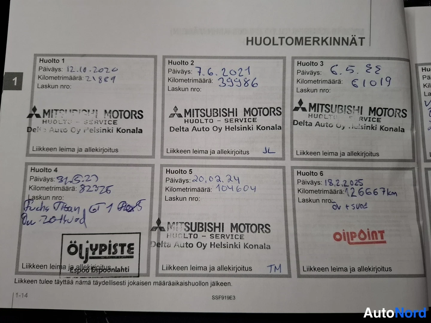 Yksityiskohta: Huolto-merkinnät Mitsubishi Motors huolto-merkintäsivulta, service dates and mileage